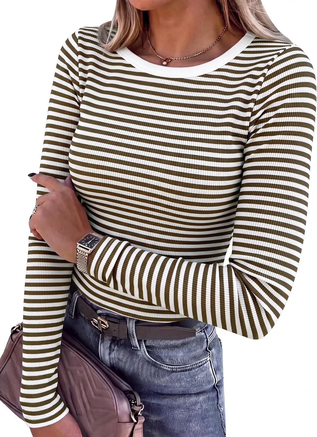 ANRABESS Women Long Sleeve Shirts Ribbed Fitted Tops